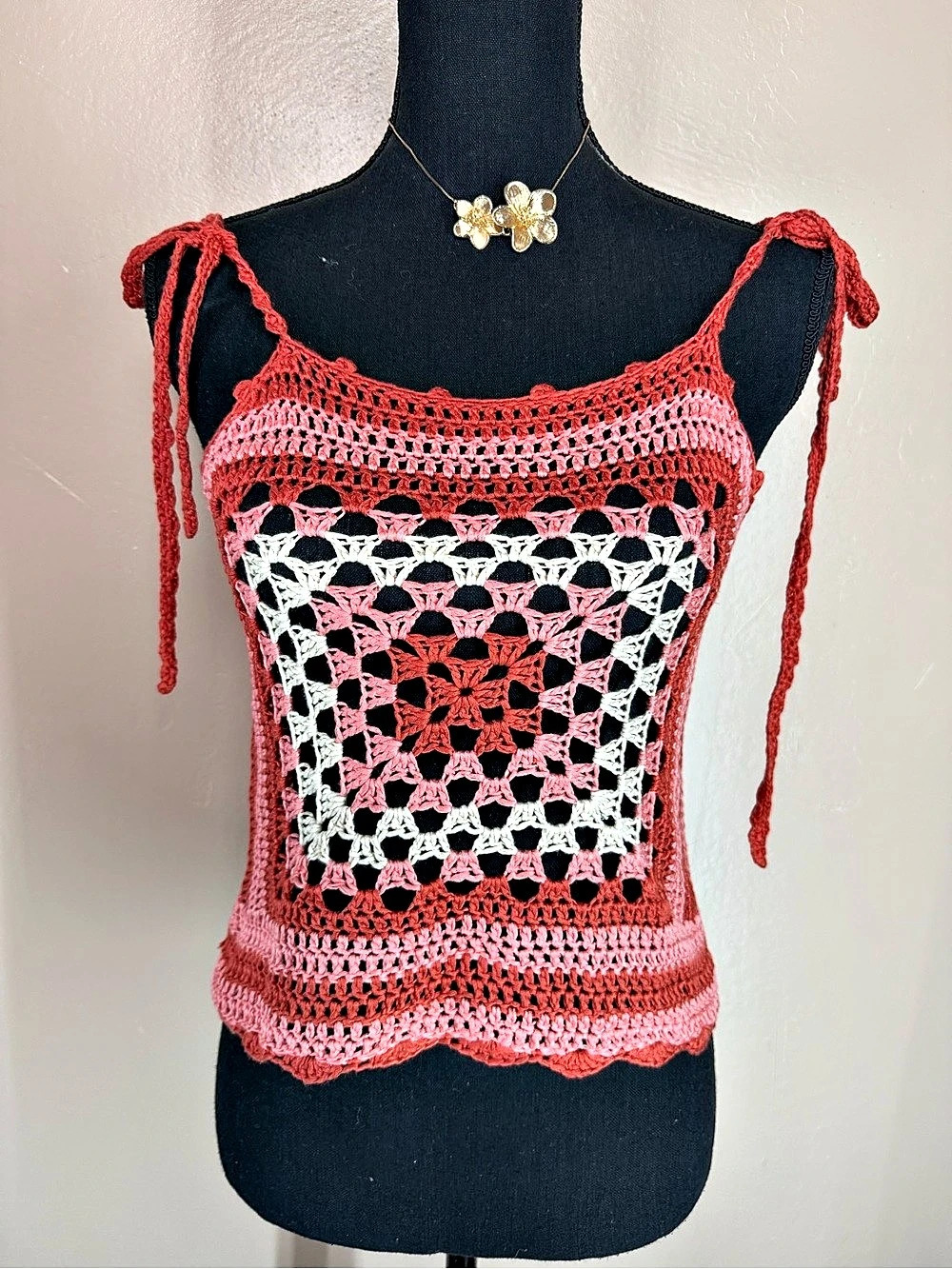 Stolen Hearts Granny Square Crochet Crop Top Pink & Black